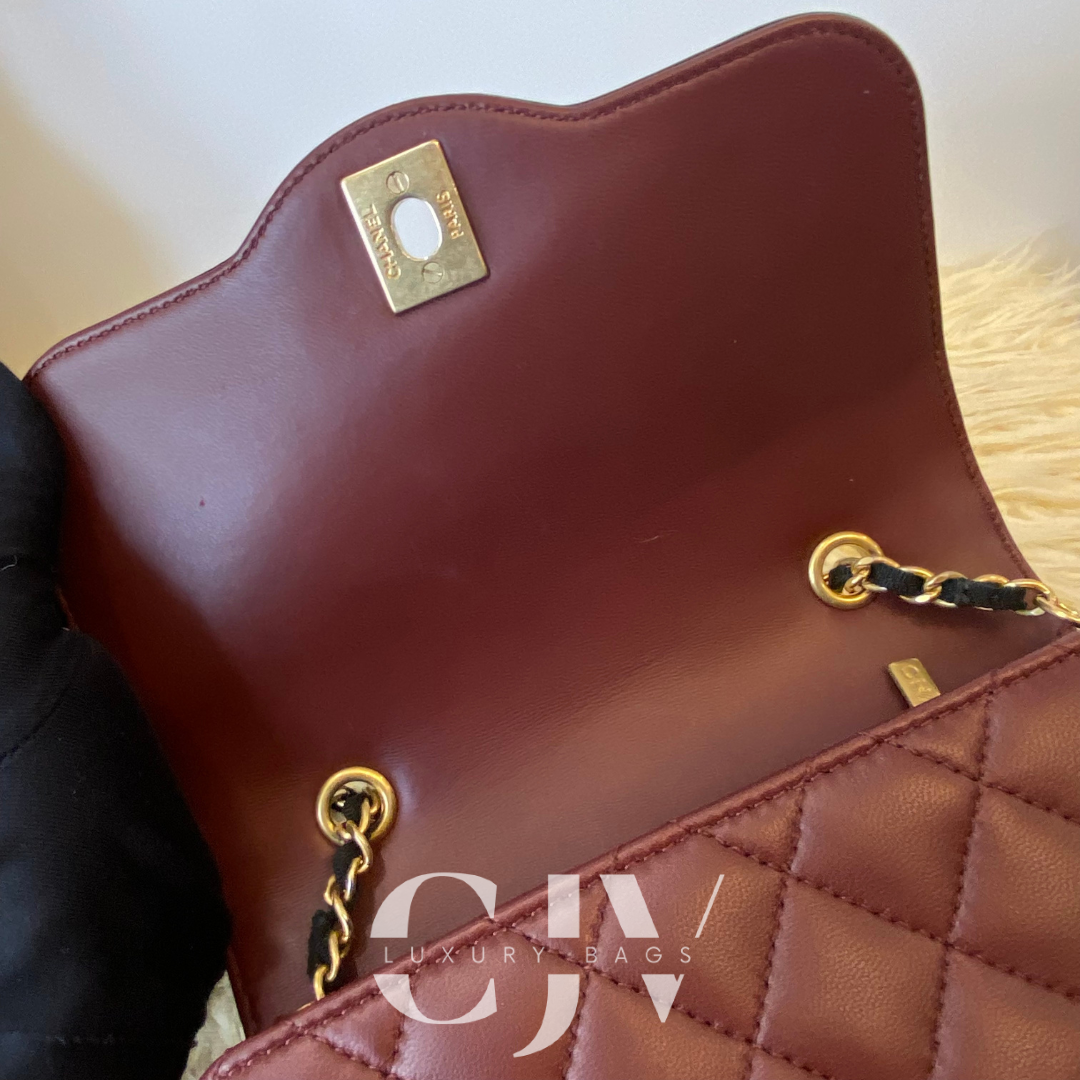 Chanel Burgundy and Black CC Mini Lambskin Leather Flap