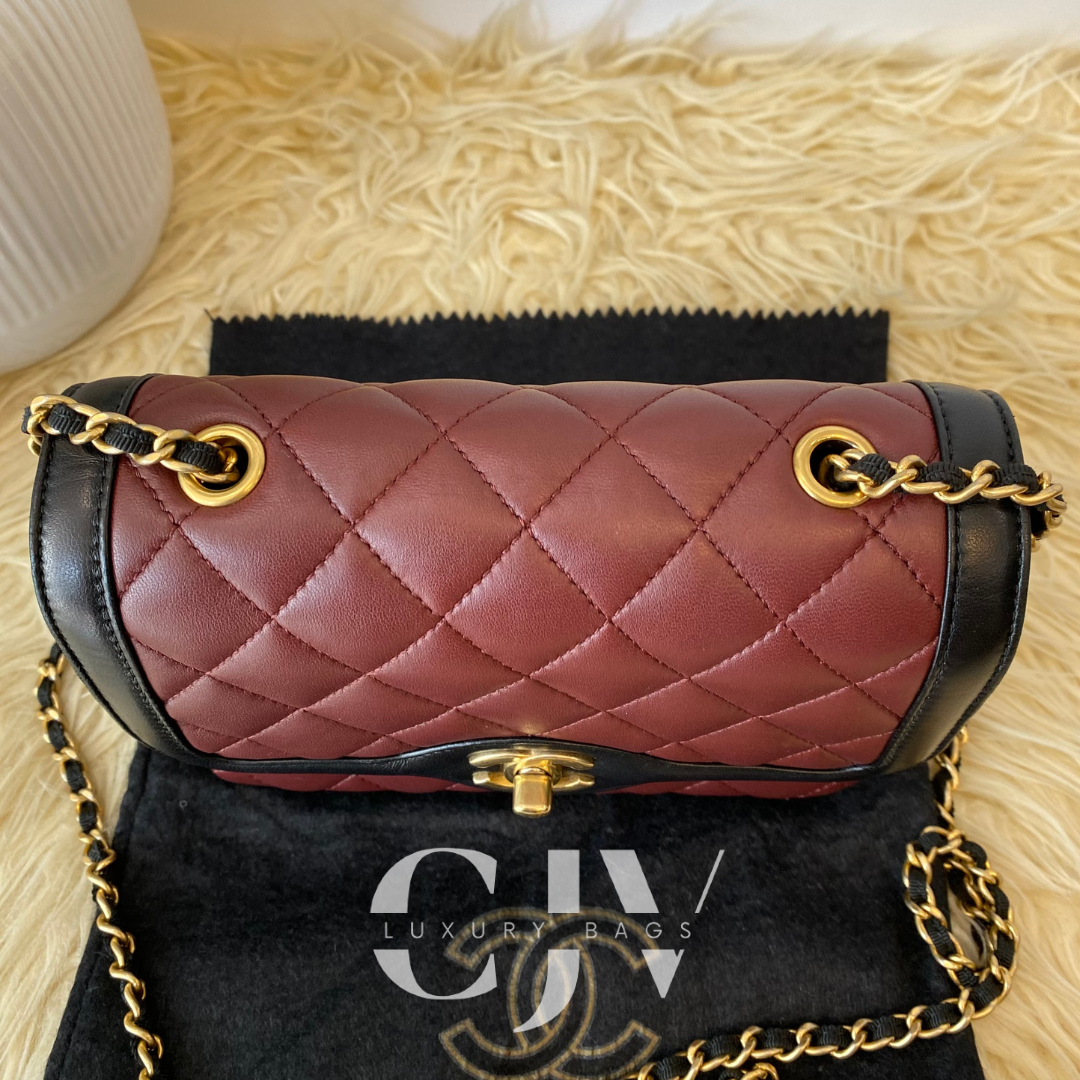 Chanel Burgundy and Black CC Mini Lambskin Leather Flap