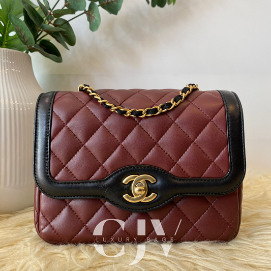 Chanel Burgundy and Black CC Mini Lambskin Leather Flap