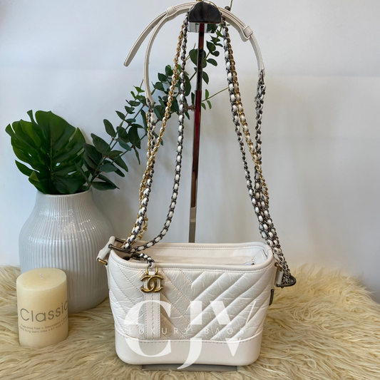 Chanel White Gabrielle Hobo Chevron Aged