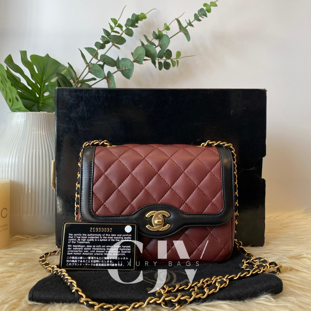 Chanel Burgundy and Black CC Mini Lambskin Leather Flap