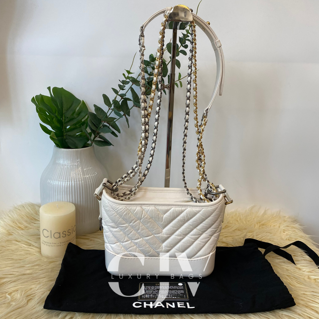 Chanel White Gabrielle Hobo Chevron Aged