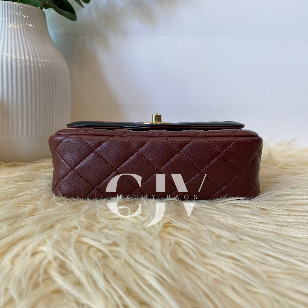 Chanel Burgundy and Black CC Mini Lambskin Leather Flap